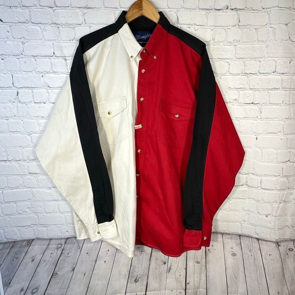 Wrangler Shirt Mens XL Color Block Button Up Chambray Workwear Country 90s